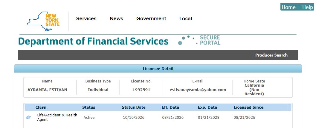 New York official license details for Estivan Ayramia, license 1992591